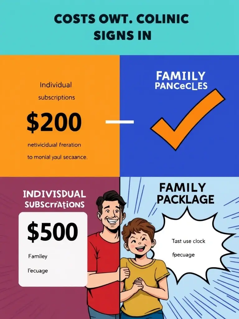 A split-screen shows the cost comparison between individual subscriptions and the Family Package. The Family Package side is highlighted with a checkmark and a smiling family.
