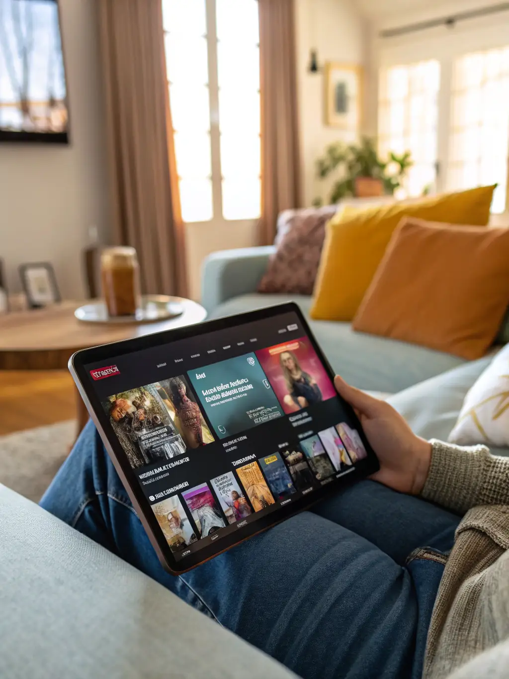 A diverse selection of channels is displayed on a tablet screen, showcasing various genres like cartoons, educational programs, and family movies. The interface is user-friendly and colorful.