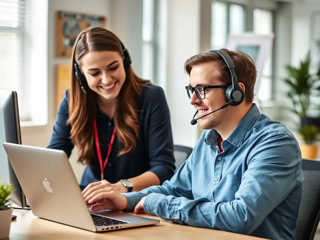 A customer support representative assisting a user with their subscription on a laptop. The image should convey helpfulness and reliability.