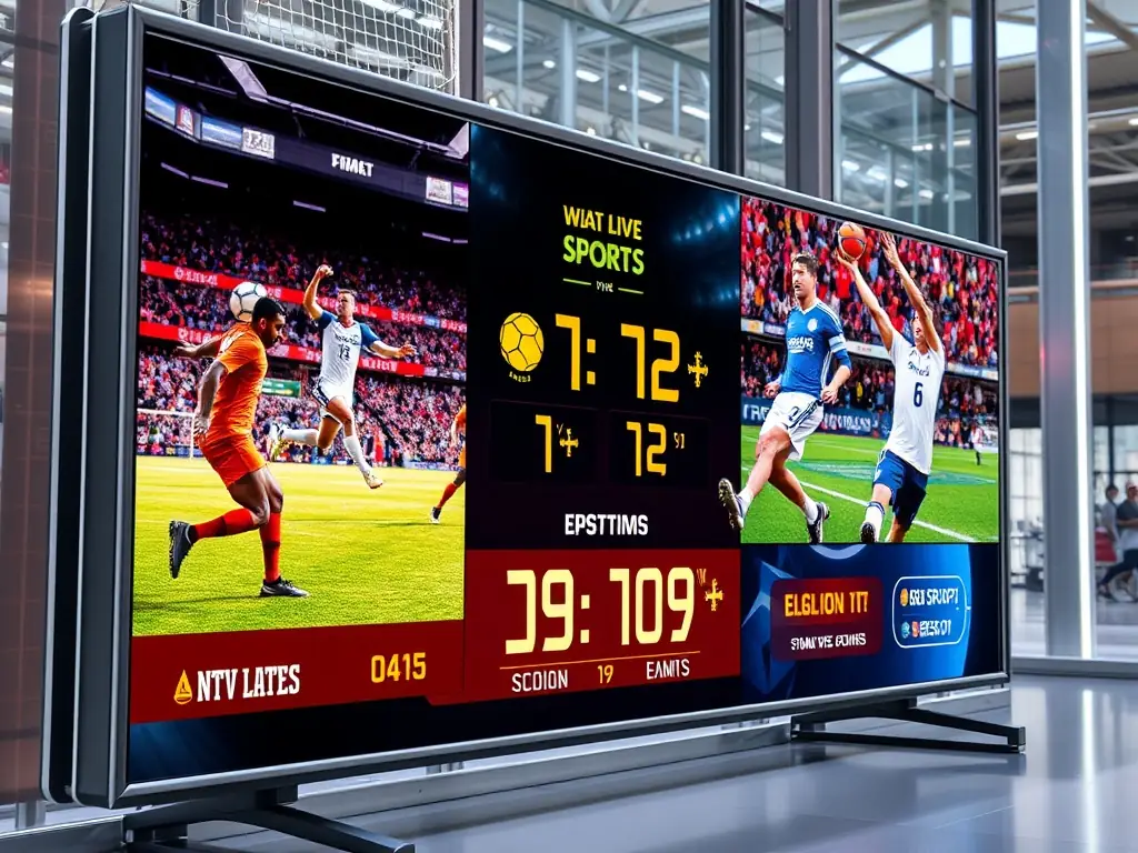 A dynamic image showcasing a variety of sports events, including football, basketball, and soccer, displayed on multiple screens. The image should convey excitement and high-quality viewing experience.