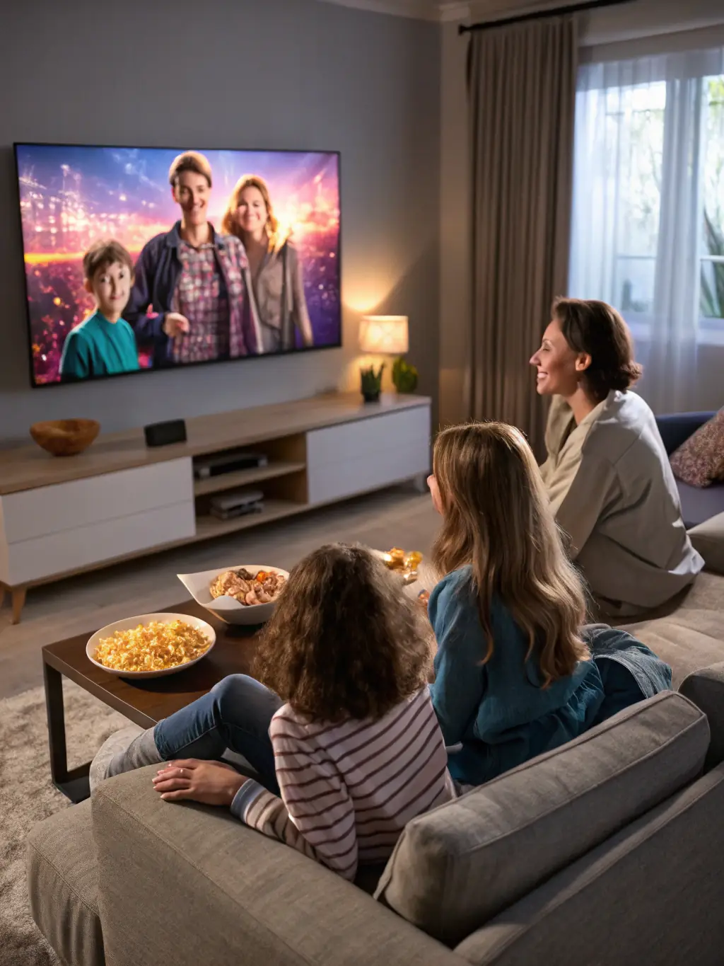 A family is gathered around a TV, all smiling and engaged in watching a show. The scene is cozy and warm, with soft lighting, emphasizing the joy of shared entertainment.
