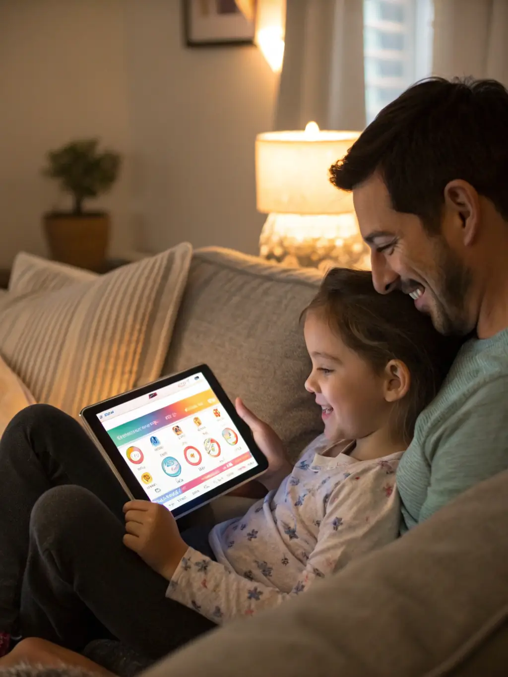 A parent is setting up parental controls on a smart TV, with a child sitting next to them. The interface is intuitive and easy to navigate, ensuring a safe viewing experience.